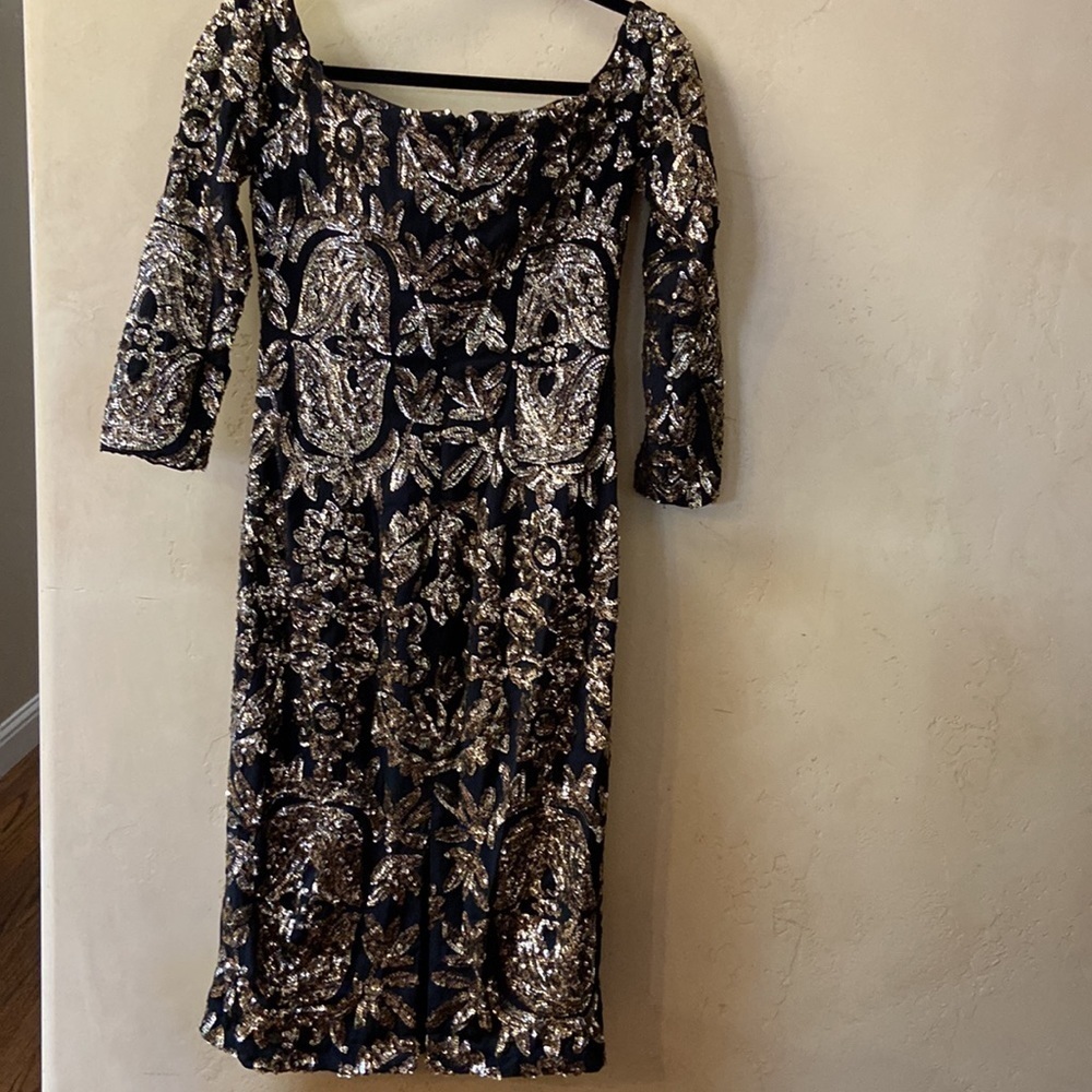 Sz 4 Nicole Miller Collection Black & Gold Sequin Lined Sheath Dress Rear Zip - Picture 7 of 9